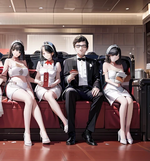 Five women in maid outfits surround a man,charming depiction,Lively and dynamic,Man handing out red envelope