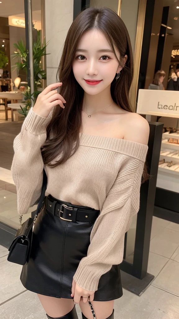 1 person、In detail, High resolution, Highest quality、Beautiful fine details, long hair, Natural color lip、Clear Skin、Shiny Hair、Tabletop, Super detailed, In detail, High resolution, 8k、Cute pose,Beautiful feet,Perfect beautiful face,KPOP idol faces,Ecstatic face、Cute face,thigh boots、leather skirt、Off-the-shoulder sweater、smile、Shopping mall、bag、belt、mini skirt、Well-formed face