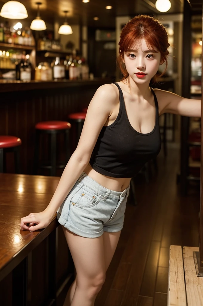 A very cute girl, solo, young, wearing tank top and short pants, big breasts, white and smooth skin, standing, full body, red lip, medium hairs, at pub, realistic face