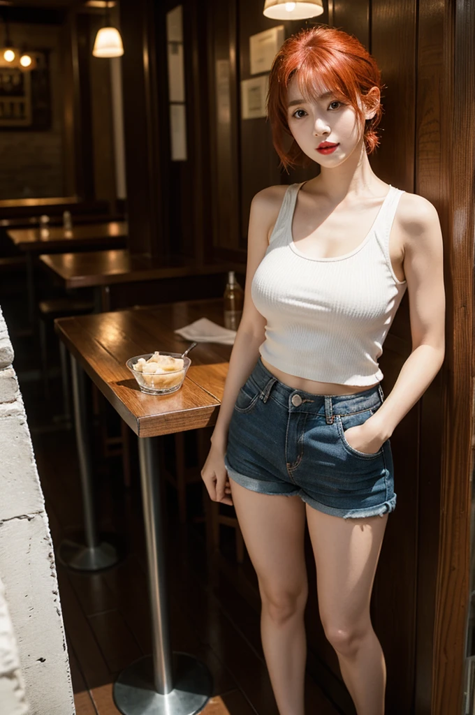 A very cute girl, solo, young, wearing tank top and short pants, big breasts, white and smooth skin, standing, full body, red lip, medium hairs, at pub, realistic face