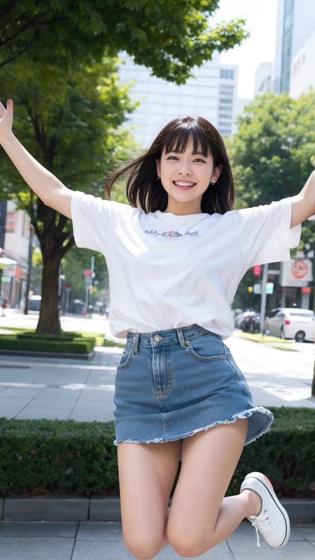 Highest quality、masterpiece、Ultra-high resolution、(Realistic:1.4)、Downtown Tokyo、woman、ライオンから逃げるwoman、(((Jump and spin)))、Grin、beautiful woman、White T-shirt、Light blue denim mini skirt、sneakers