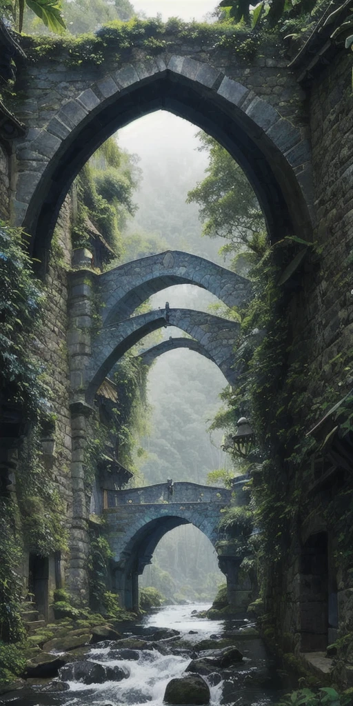 Medieval bridge in ominous blue-green jungle, bohemian modern village, photorealistic and detailed, 8k quality, National Geographic photo, overcast weather, medium distance, bridge perspective.