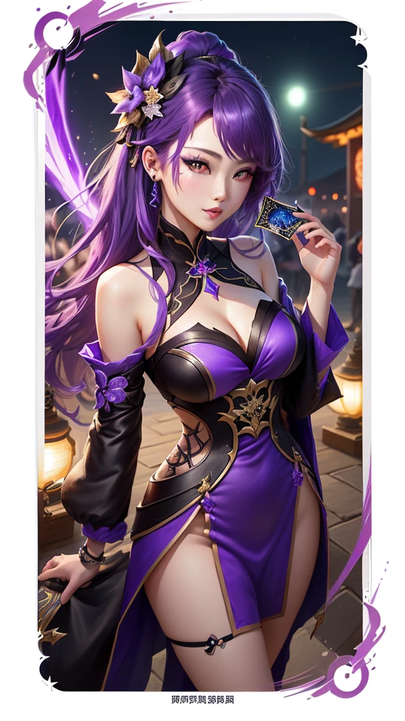 a card with a picture of a woman with purple hair and a purple hair, summer festival night, summer festival in background, kda, voidless of the festival!, magical summer, trading card, mobile legends, from league of legends, keqing from genshin impact, unknown, extremely detailed artgerm, portrait knights of zodiac girl