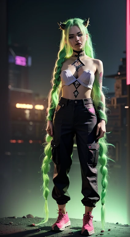 uma mulher com hair green e tatuagens, cyberpunk woman anime woman, pants, Beautiful angry cyberpunk goddess, cyberpunk artstyle, cyberpunk anime digital art, cyberpunk anime art, Arcane, portraite, cyberpunk anime art, cyberpunk themed art, cyberpunk dark fantasy, arcane style, 1 girl, stars tattoo on arm, asymmetrical bangs, bangss, hair green, green braids, brown shirt, stars tattoo, sideways, hair green, long hair, pink eyes, Red lips, standing , cloud tattoo, Twin braids. Arcane Jinx. Garota de hair green, garota de Twin braids, a girl in a burning place, spark, spheres of light, Film Poster, Arcane\(league of legends\