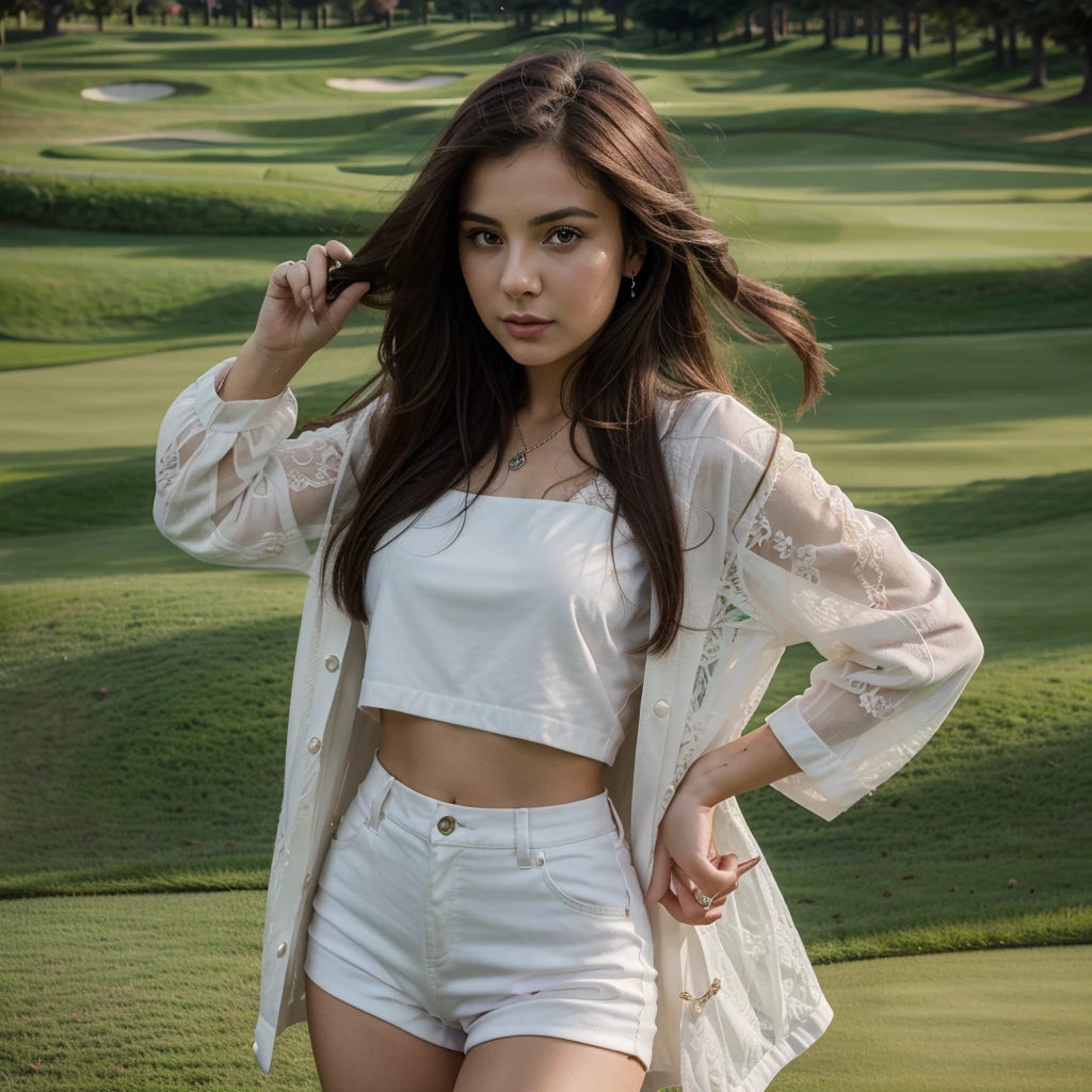 1girl in, 30 years old, Square face, Long hair, Looking at the viewer, jewelry, Realistic, Sexy, colorful lace outfit, golf course background, free posing