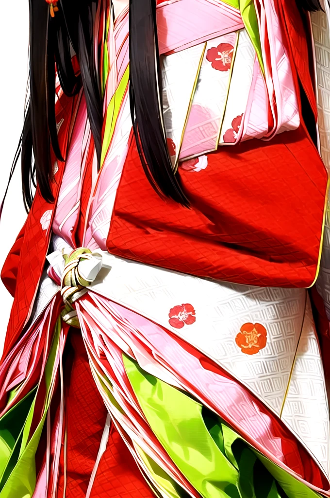 (masterpiece, Highest quality:1.2), One Girl, (Beautiful Japanese Girl:1.2), June, alone, (whole body), Straight long dark hair、hiogi、Court coat of arms, Dealt with, kasanenoirome, munamoto itutugine, sodeguchi Dealt with, My chest is tight, detailed, Blank Background, White Background,