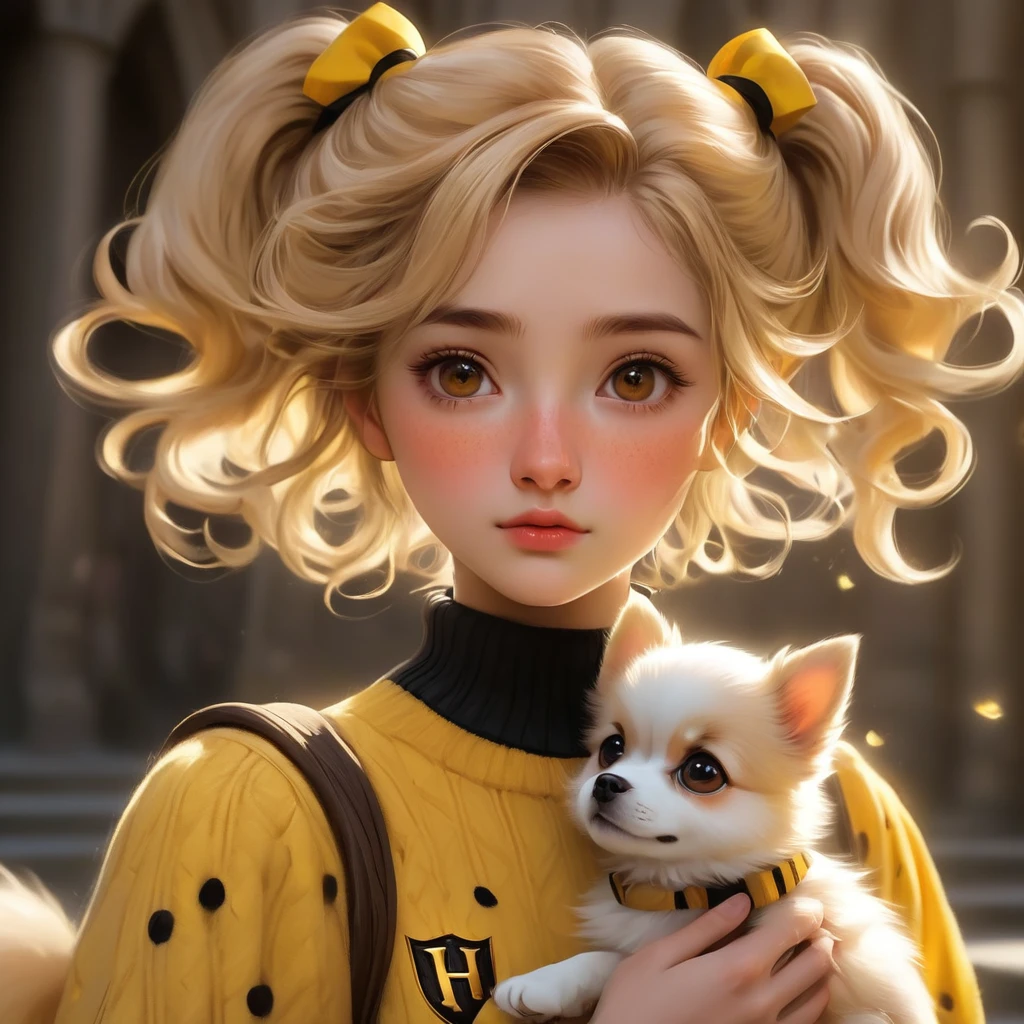 best quality, Masterpiece, Hogwarts students, Hufflepuff, Short hair with high twin tails., Short hair with golden blonde twin tails.., serious, Very stubborn, cute and bright, Freckles on the face, Along with her adorable Pomeranian puppy., brown eyes details, detailed face, Beautiful skin, soft light, mysterious, soft shadow, Fine texture, dynamic light,