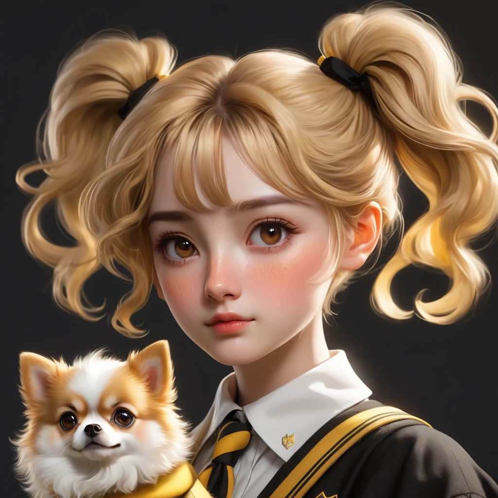 best quality, Masterpiece, Hogwarts students, Hufflepuff, Short hair with high twin tails., Short hair with golden blonde twin tails.., serious, Very stubborn, cute and bright, Freckles on the face, Along with her adorable Pomeranian puppy., brown eyes details, detailed face, Beautiful skin, soft light, mysterious, soft shadow, Fine texture, dynamic light,