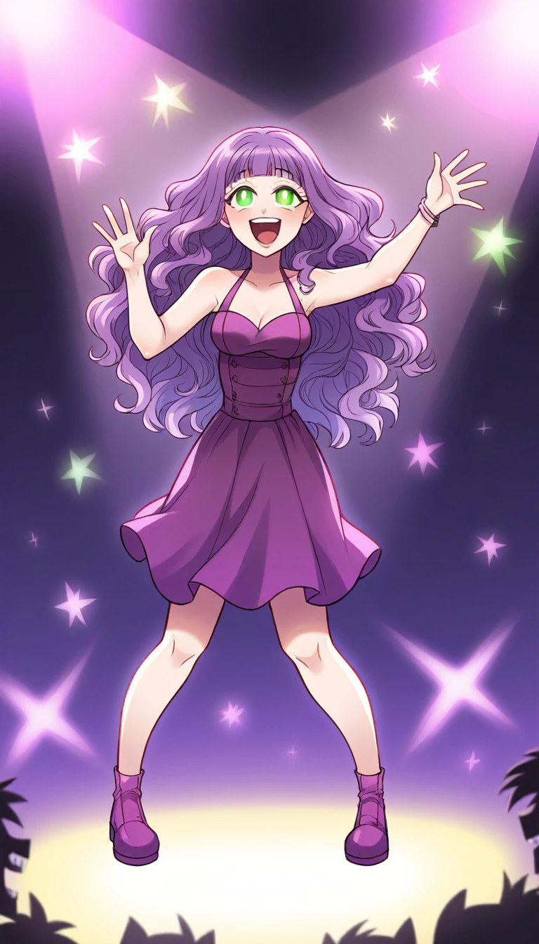 beautiful a girl,pale purple hair,wavy two braids,blunt bangs hair,green and black eyes,(one girl is wearing
pink shirt,cosplay, jirai kei, bangs, black skirt, black bow, looking at viewer, bow, long sleeves, choker, ribbon,pink lips, (highest quality,masterpiece,16K or 8K,Super detailed,),(full body、front), background Colorful heart, beautiful, masterpiece, highest quality、floating hair, wavy hair,fluffy hair、 Hair in the wind, green and black colored eyes, long eyelashes, beautiful eyes, light smile, bright pupils, (a girl closes her eyes and opens her mouth and smiles happily.),Many fans were waving purple glow sticks.digital illustration, highest quality,High resolution, happy, laughing,Singing with a microphone in the bright lights of a concert,