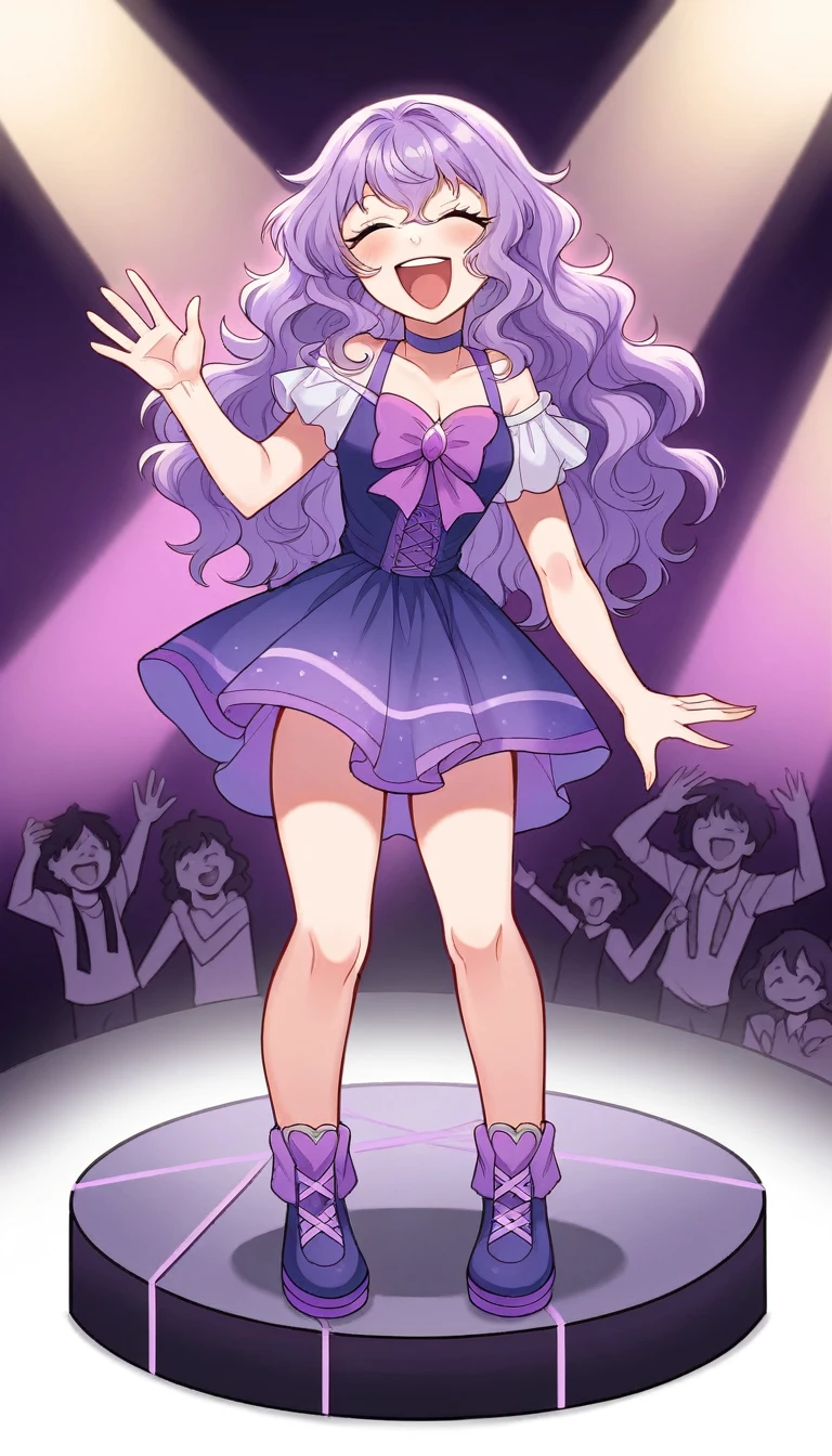 beautiful a girl,pale purple hair,wavy two braids,blunt bangs hair,green and black eyes,(one girl is wearing 
pink shirt,cosplay, jirai kei, bangs, black skirt, black bow, looking at viewer, bow, long sleeves, choker, ribbon,pink lips, (highest quality,masterpiece,16K or 8K,Super detailed,),(full body、front), background Colorful heart,  beautiful, masterpiece, highest quality、floating hair, wavy hair,fluffy hair、 Hair in the wind, green and black colored eyes, long eyelashes, beautiful eyes, light smile, bright pupils, (a girl closes her eyes and opens her mouth and smiles happily.),Many fans were waving purple glow sticks.digital illustration, highest quality,High resolution, happy, laughing,Singing with a microphone in the bright lights of a concert,