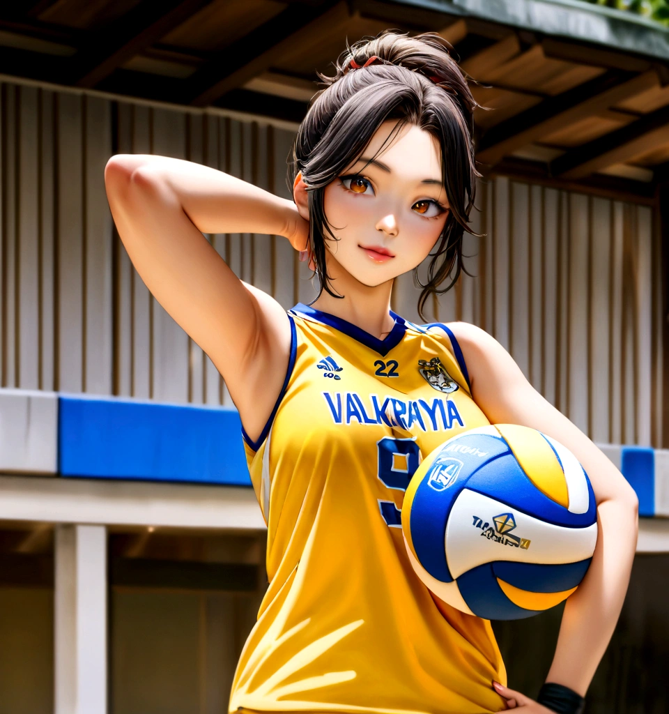 arafed asian woman in yellow shirt holding a volleyball ball, wearing a volleyball jersey, Portrait Shot, Shot with the Nikon Z9, Tadashi Nakayama, Japanese Model, by Yokoyama Taikan, volleyball, 