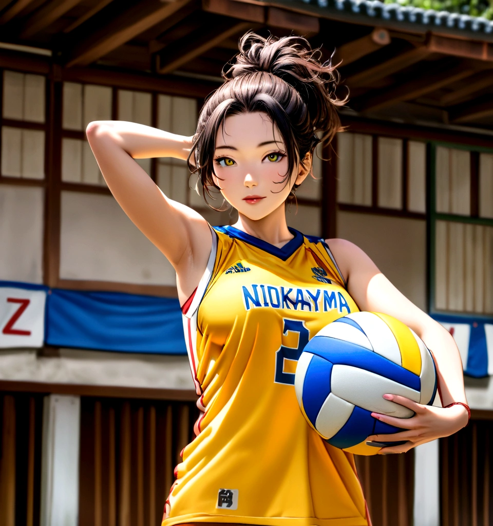 arafed asian woman in yellow shirt holding a volleyball ball, wearing a volleyball jersey, Portrait Shot, Shot with the Nikon Z9, Tadashi Nakayama, Japanese Model, by Yokoyama Taikan, volleyball, 