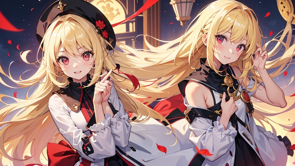 pretty girl, cute, happy, blonde hair, long hair, red eyes, round eyes, morning