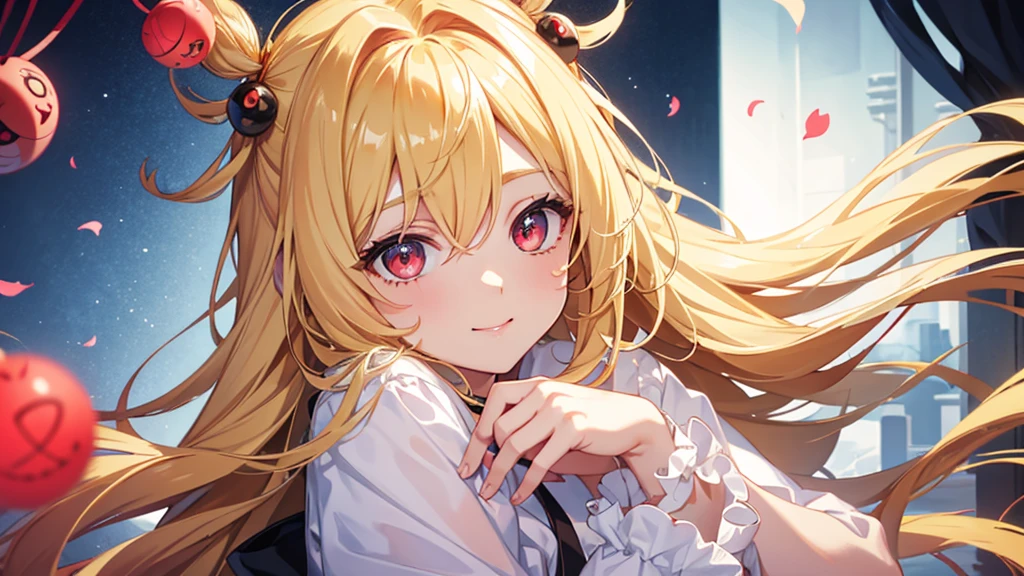 pretty girl, cute, happy, blonde hair, long hair, red eyes, round eyes, morning