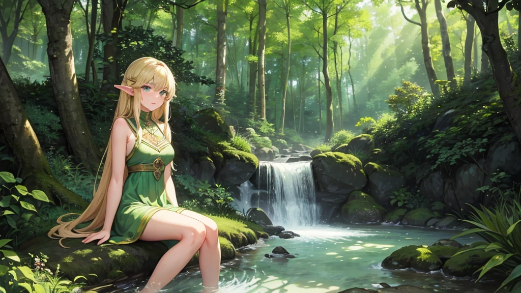 Top quality, masterpiece, 1 person, elven female, blonde, long hair, emerald gemstone eyes, Gwaiz style, beautiful dappled sunlight filtering through the trees, tranquil forest scene, sexy yet cute, feet in a stream flowing through the forest, older sister, 25 years old,