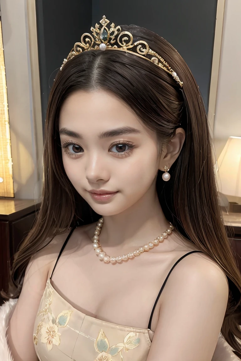 There is a woman in a cheongsam, 2 7 years old, 2 8 years old, 2 9 years old, 3 2 years old, delicate makeup, Ye Wen, 2 3 years old, round face, cute lian, gold tiara, pearl necklace, jade hairpin