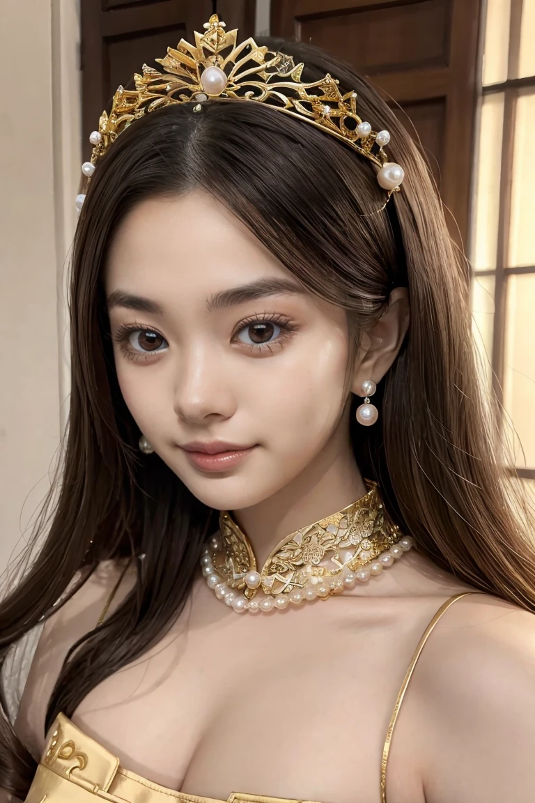 There is a woman in a cheongsam, 2 7 years old, 2 8 years old, 2 9 years old, 3 2 years old, delicate makeup, Ye Wen, 2 3 years old, round face, cute lian, gold tiara, pearl necklace, jade hairpin