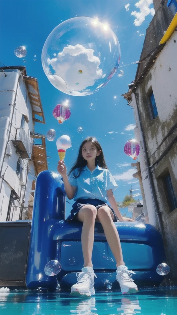 (best quality,official art,beautiful and aesthetic:1.2),(fractal art:1.2),offcial art,colorful,Colorful background,splash of color,movie perspective,advertising style,magazine cover,
xuer popsicle,1girl,solo,long hair,skirt,shirt,black hair,holding,sitting,,white shirt,short sleeves,pleated skirt,outdoors,food,sky,shoes,day,collared shirt,cloud,black skirt,medium hair,water,blue sky,blue skirt,bare legs,ocean,sandals,white footwear,holding food,scenery,bubble,blue theme,water drop,ice cream,(air bubble:1.3),summer,whale,