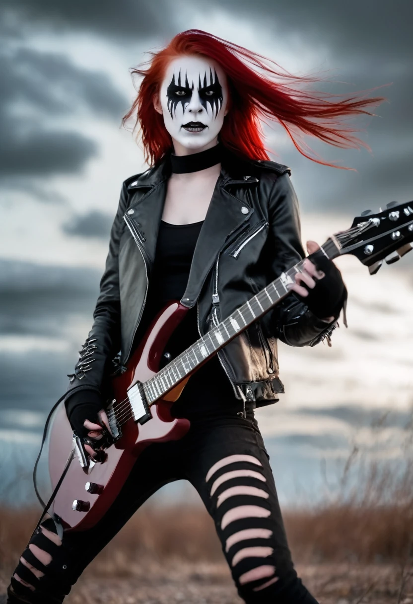 Black Metal girl, pale face, Black Metal make up, corpse paint face, red hair shoulder length, leather jacket, riding on a guitar in sky, electricity effects around her, movement blur