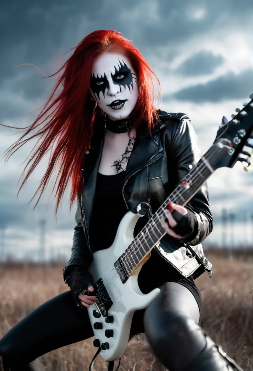 Black Metal girl, pale face, Black Metal make up, corpse paint face, red hair shoulder length, leather jacket, riding on a guitar in sky, electricity effects around her, movement blur