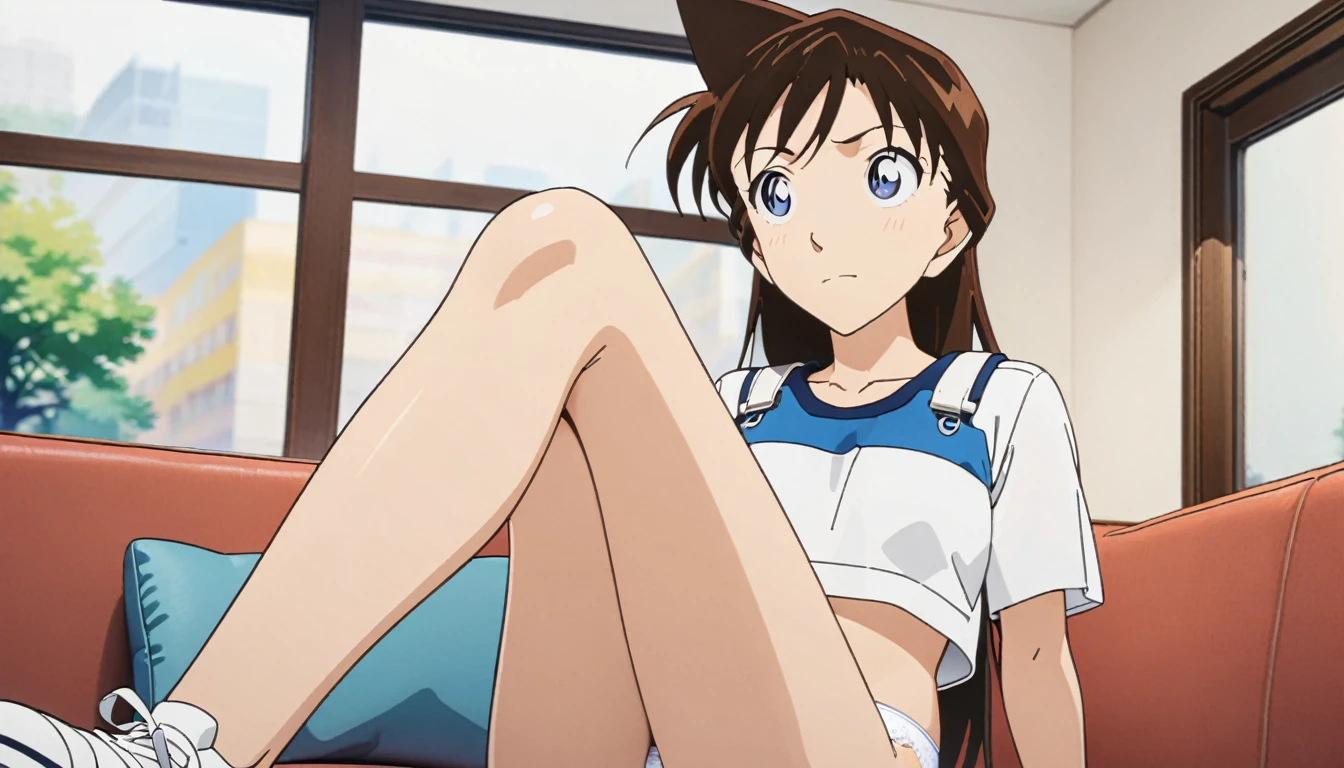 (Brunette, ,8k,Perfect body,Ultra Clear,Highest quality, masterpiece:1.4),(Anime Style:1.37) , photograph, Detailed Background, 1 Girl, (((white lace panties))), Cowboy Shooting, Watching the crowd, A faint smile, Sitting, Crossing your legs, From below, On the sofa, window, living room,