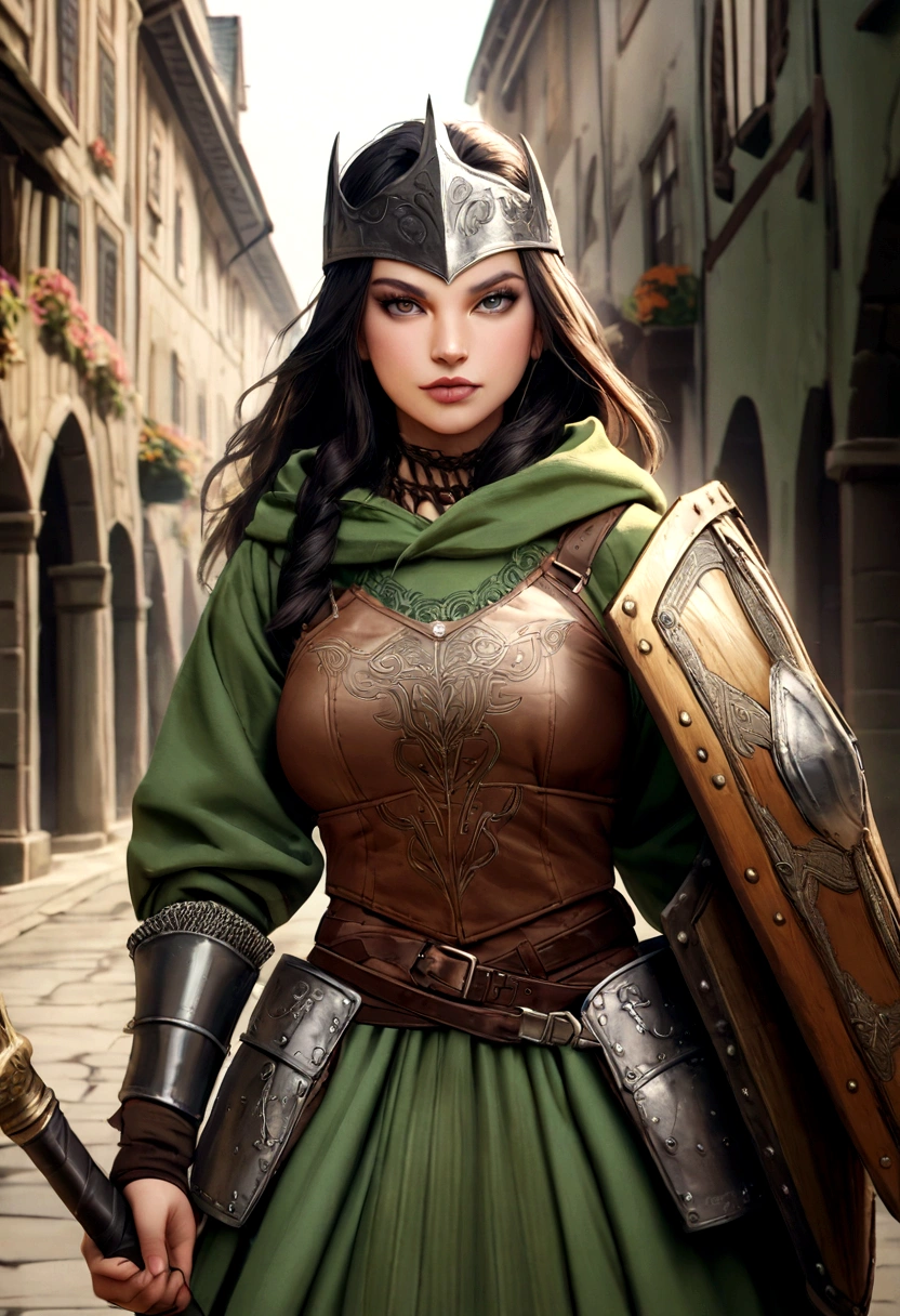 Strong and beautiful New Zealand Maori warrior woman,in tactical clothes with Maori tattoos, medieval armor,
wearing a green hoodie with the word NEARVIDIA in the center, holding a shield with the NEARVIDIA logo and weapons. The image is extremely realistic