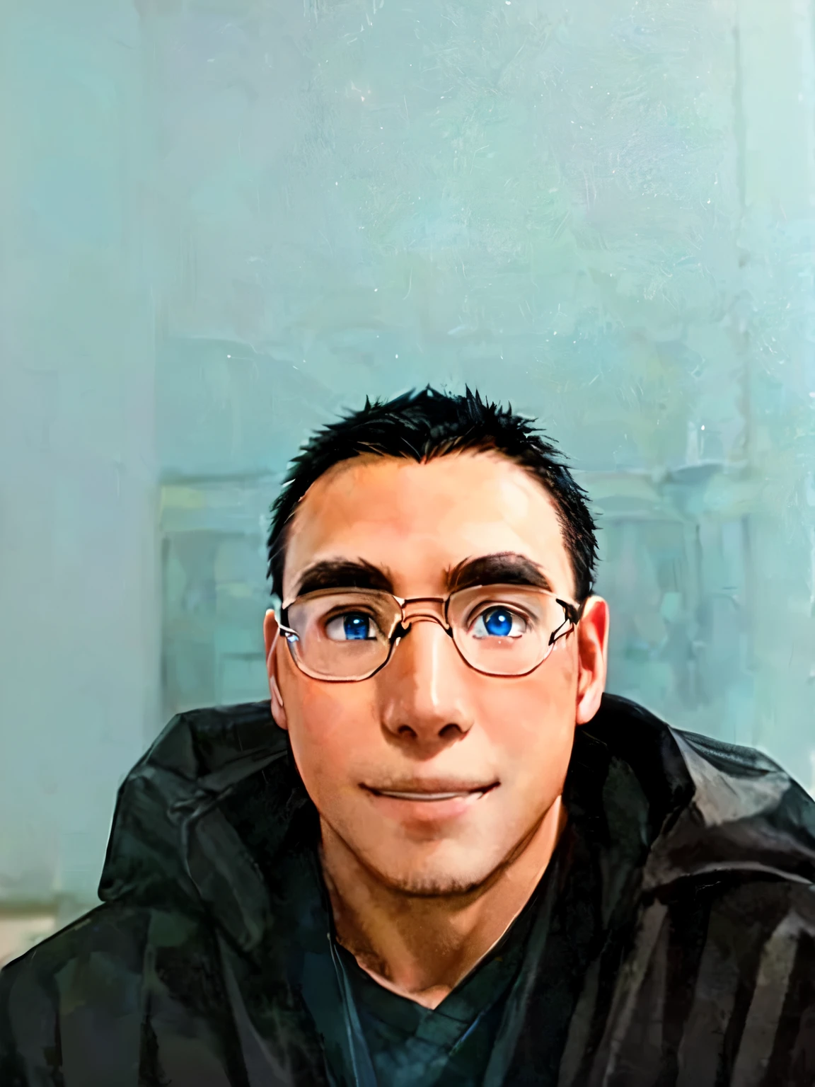 Best quality,masterpiece,A high resolution,One,{To whom_tomoe_seishunbutayaro:1.15},black hair,short hair,Blue eyes,clear glasses,1 boy,shirt,long sleeves,half of the body,smile,blur,blurred background,blue shirt,shirt с воротником, interior scene blurred.