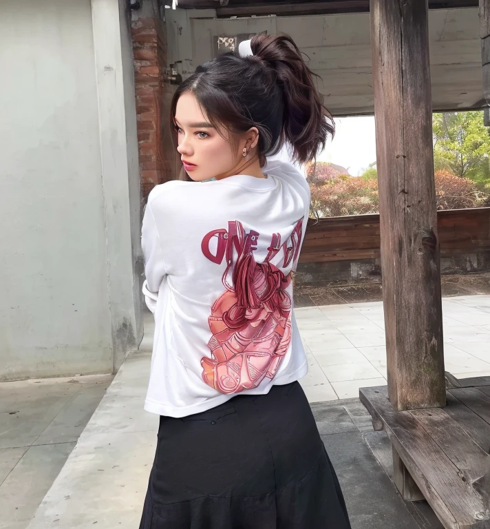 there is a woman that is standing on a bench with a shirt on, she is wearing streetwear, 1 8 yo, cartoonish style, mid view, long sleeves, dang my linh, graphic tees, side view, blackpink jennie, cute girl, nivanh chanthara, anime thai girl, h. u. d, beautiful artwork, full-figure