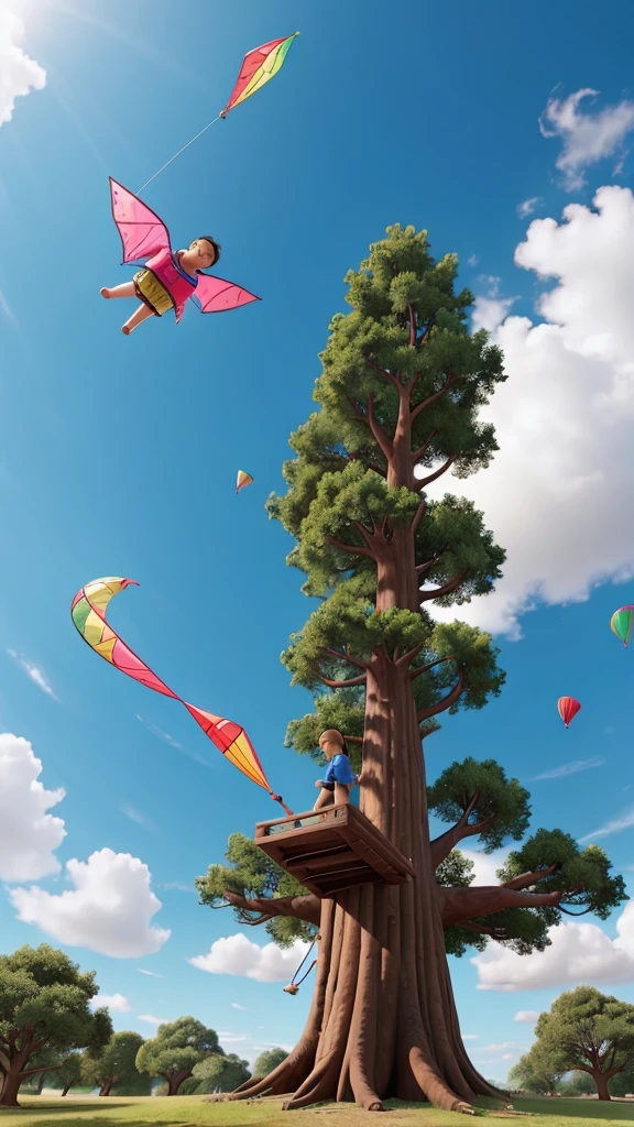 Suddenly the kite gets stuck in a big tree.