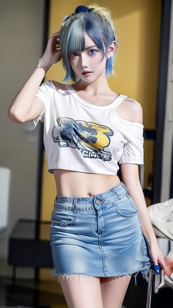 masterpiece, best quality, highly detailed,1girl,indoors, adult, split-color hair, yellow and Blue hair, Narrow, sharp eyes、, clothes, blue eyes、From head to toe、mini skirt、
