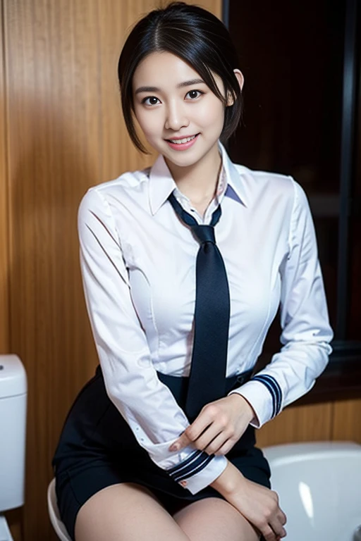 a gorgeous lady,  21, Flight Attendant uniform, Shenzhen Airlines Stewardess, natural pose on toilet bowl, hotel room, dimpled smile, short ponytail hair, short bob hair, cute snaggleteeth, well-endowed round bosom, thick thighs, photorealistic, beautiful detailed eyes, beautiful detailed face, hyper-realism, high contrast, ultra HD, realistic skin textures, top image quality, top-quality, super high resolution, fine details, very meticulously, head to knees, dark bokeh night background