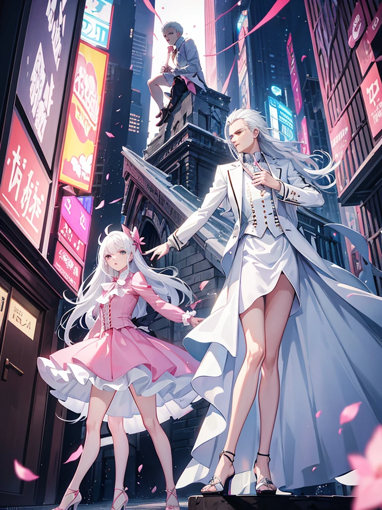 Vergil Devil may cry with white hair Wearing a pink dress Skirt And with heels