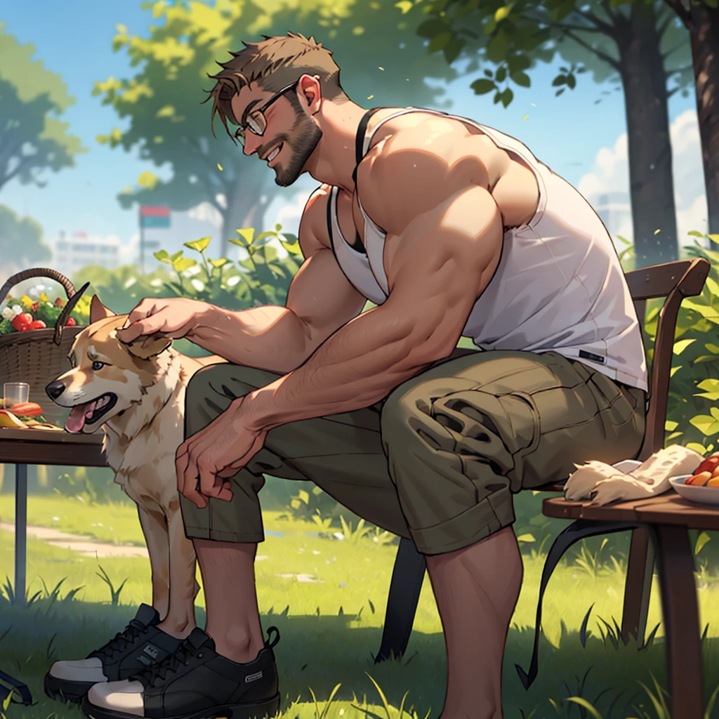 a man with a dark blond beard well groomed ,a dark blond hair   , a golden retriever dog sitting near him, the man wearing( glasses, green tanktop,white short ), in a park, the man sitting over a table  cloth on the grass near picnic basket , high well detailed face fingers body parts  focus, happy smile, happy dog, heart-warming, seen from the front to side