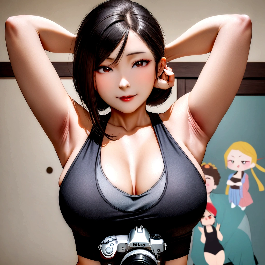Asian woman in her 50s taking a photo wearing a sports bra top, , Sports bra and shirt, Japanese Model, Cute girl in a tank top, Japanese Goddess, Yoshitomo Nara, She is wearing a black tank top, tight black tank top, Shot with the Nikon Z9, V-shaped clothing with an open neckline