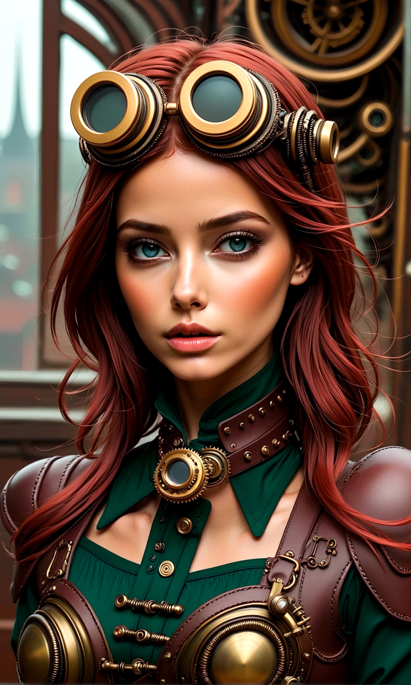 ganzkörper, ganzkörper bild(head to toe in frame)((Masterpiece)),mfbp1, (Best Quality), (Cinematic),(Extremely detailed CG Unity 8k wallpaper), 1 girl, fit,Delicious company, small breasts,(no goggles on face)(very long redhair),one Stunning red-haired steampunk woman who lost her forearm in an accident received a beautifully designed, fine and perfectly fitting robotic prosthesis (steampunk style) as a replacement, posing coolly in front of machines and factories. With this prosthesis she shows us a sealed, delicate poison glass bottle with blue liquid in it. Hand-forearm prosthesis made of brass and leather. She wears tight-fitting clothing (steampunk leather suit with cut-outs on hips and belly and buckles).the forearms are nude to show the prothetic arm, hoes and decorative wielding goggles in her hair on head, also made of brass and leather. The landscape is a bit gloomy, but also impressive.,1 line drawing,make up,steampunk style 