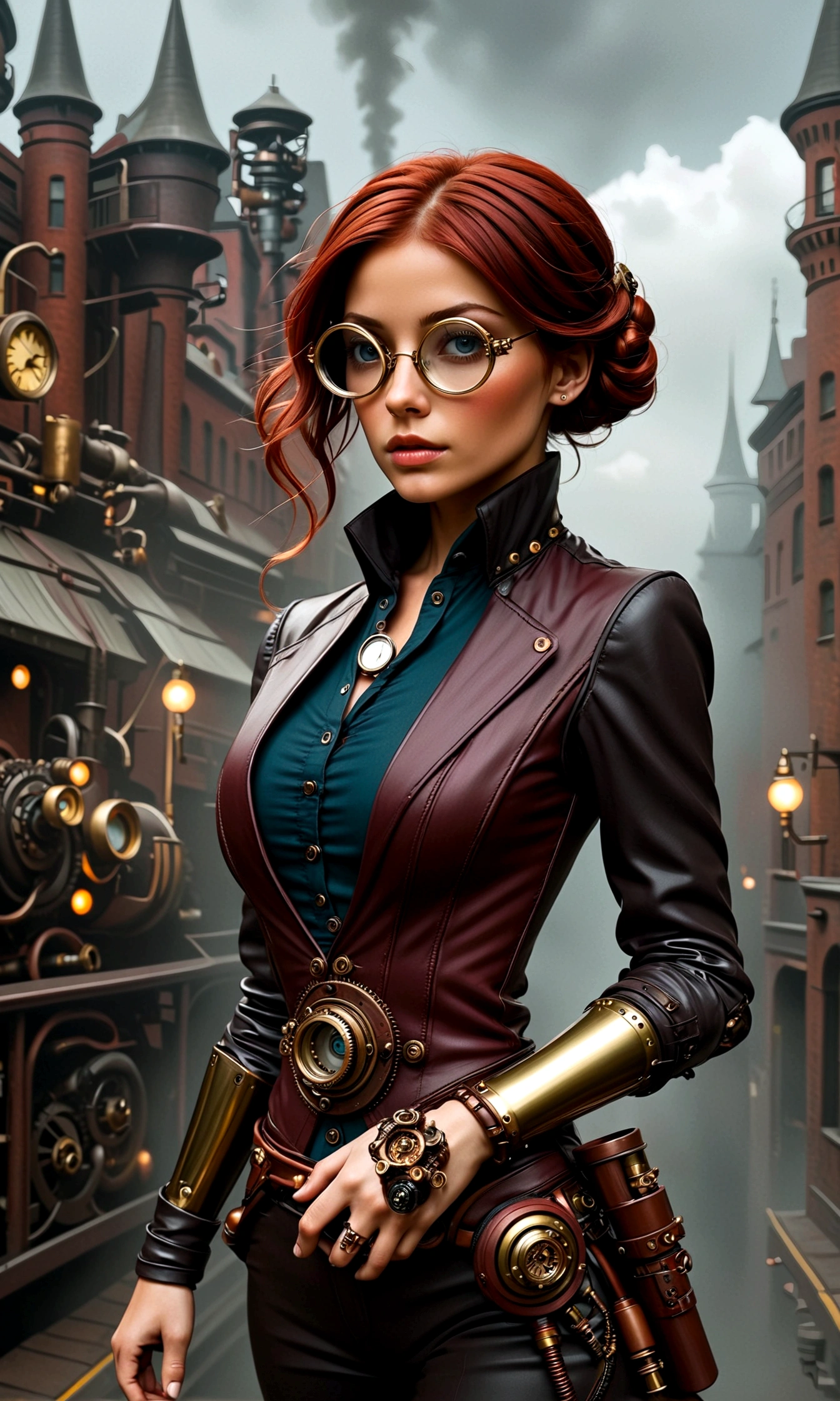 ganzkörper, ganzkörper bild(head to toe in frame)((Masterpiece)),mfbp1, (Best Quality), (Cinematic),(Extremely detailed CG Unity 8k wallpaper), 1 girl, fit,Delicious company, small breasts,(no goggles on face)(very long redhair),one Stunning red-haired steampunk woman who lost her forearm in an accident received a beautifully designed, fine and perfectly fitting robotic prosthesis (steampunk style) as a replacement, posing coolly in front of machines and factories. With this prosthesis she shows us a sealed, delicate poison glass bottle with blue liquid in it. Hand-forearm prosthesis made of brass and leather. She wears tight-fitting clothing (steampunk leather suit with cut-outs on hips and belly and buckles).the forearms are nude to show the prothetic arm, hoes and decorative wielding goggles in her hair on head, also made of brass and leather. The landscape is a bit gloomy, but also impressive.,1 line drawing,make up,steampunk style 