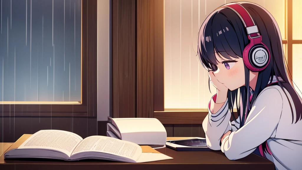 Midnight、Inside the room、Rain outside the window、Young girl、Wearing headphones、Concentrate and study at your desk、Notebook on desk、coffee、smartphone、There is only a small light from the desk in the room.、Side view