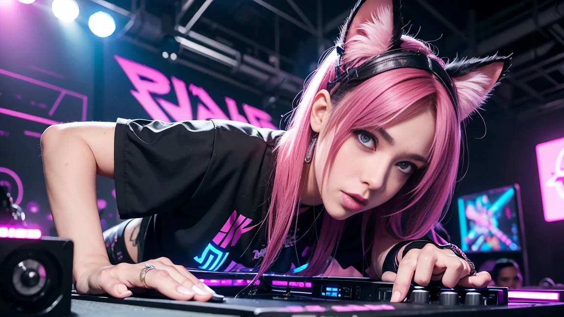 arafed woman in a black top and pink shorts playing a game of dj, cyber punk setting, raver girl, rave girl, girl with cat ears at a rave, dj rave party, dj at a , nightclub dancing inspired, playing techno house music, turntablism dj scratching, cyberpunk 2 0 y. o model girl, rave outfit, fanart