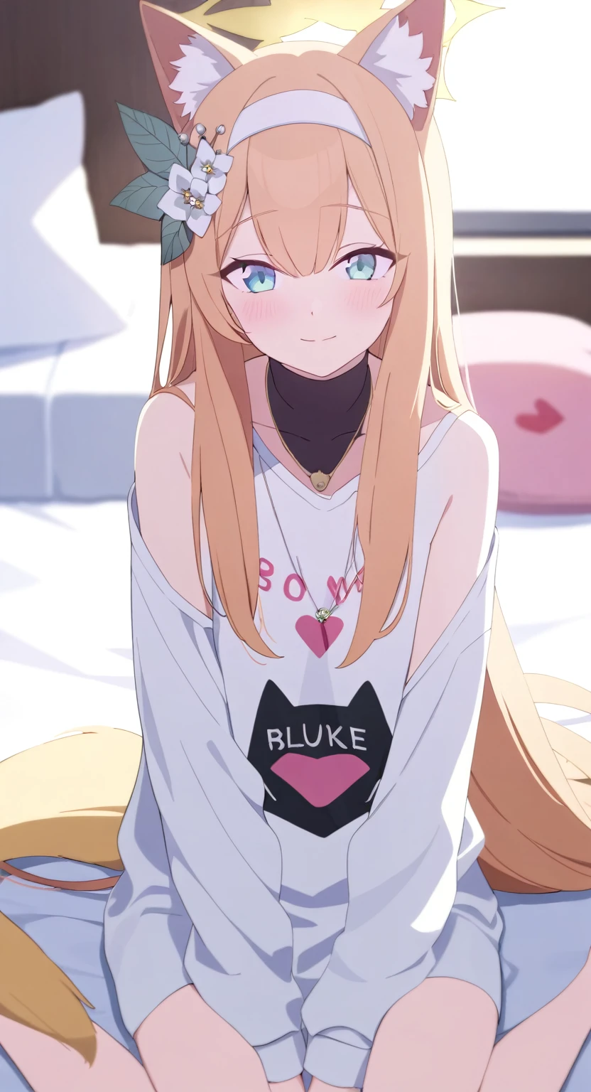 1girl
mari \(blue archive\)
bare legs, blue eyes, blush, fox ears, fox girl, from above, hair between eyes, halo, hand between legs, heart print, indoors, long hair, looking at viewer, looking up, necklace, off shoulder, on bed
newest, pillow, shirt, bare shoulders, smile, window, between legs, closed mouth, wariza, animal ear fluff, bed, clothes writing, solo, blue hair, depth of field, blurry, animal ears, blurry background, very long hair, jewelry, heart, sitting, white shirt, print shirt,
absurdres, highres, sensitive