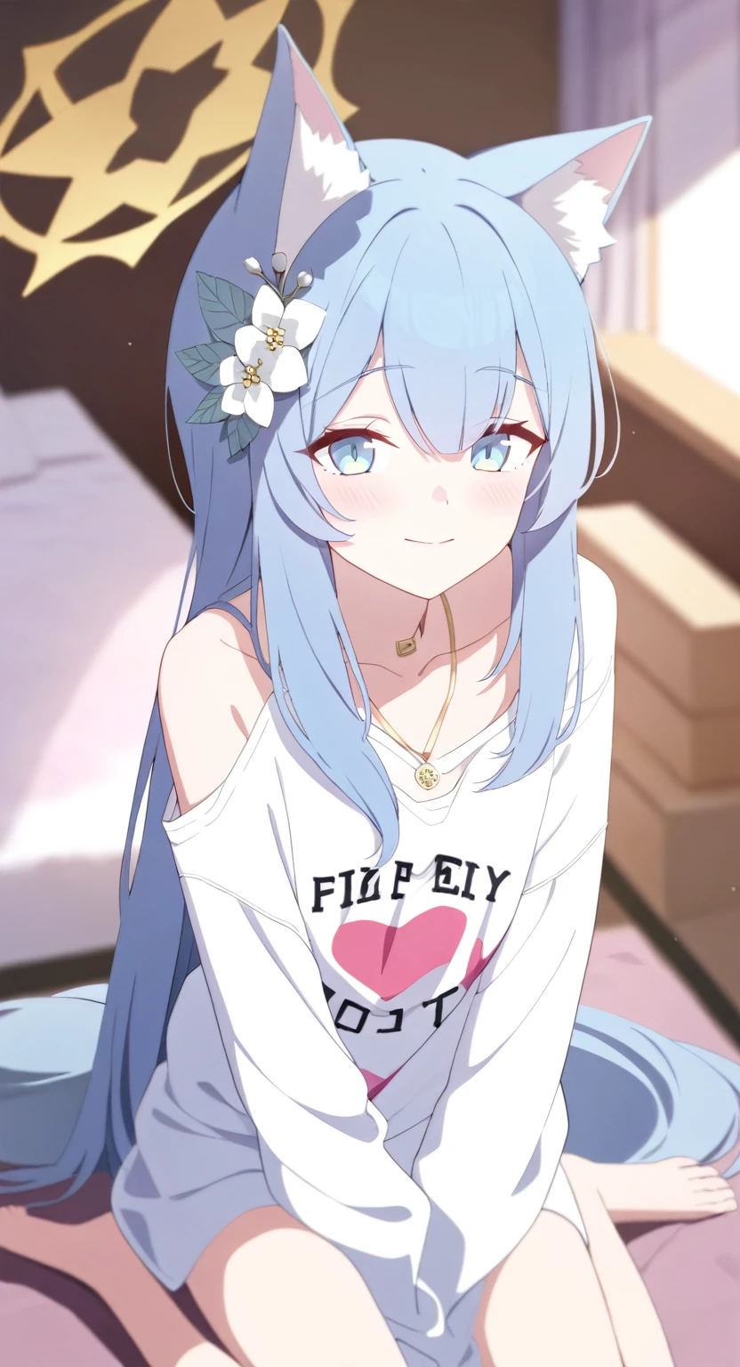 1girl
mari \(blue archive\)
bare legs, blue eyes, blush, fox ears, fox girl, from above, hair between eyes, halo, hand between legs, heart print, indoors, long hair, looking at viewer, looking up, necklace, off shoulder, on bed
newest, pillow, shirt, bare shoulders, smile, window, between legs, closed mouth, wariza, animal ear fluff, bed, clothes writing, solo, blue hair, depth of field, blurry, animal ears, blurry background, very long hair, jewelry, heart, sitting, white shirt, print shirt,
absurdres, highres, sensitive