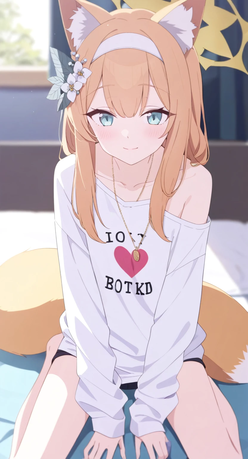 1girl
mari \(blue archive\)
bare legs, blue eyes, blush, fox ears, fox girl, from above, hair between eyes, halo, hand between legs, heart print, indoors, long hair, looking at viewer, looking up, necklace, off shoulder, on bed
newest, pillow, shirt, bare shoulders, smile, window, between legs, closed mouth, wariza, animal ear fluff, bed, clothes writing, solo, blue hair, depth of field, blurry, animal ears, blurry background, very long hair, jewelry, heart, sitting, white shirt, print shirt, 
 absurdres, highres, sensitive