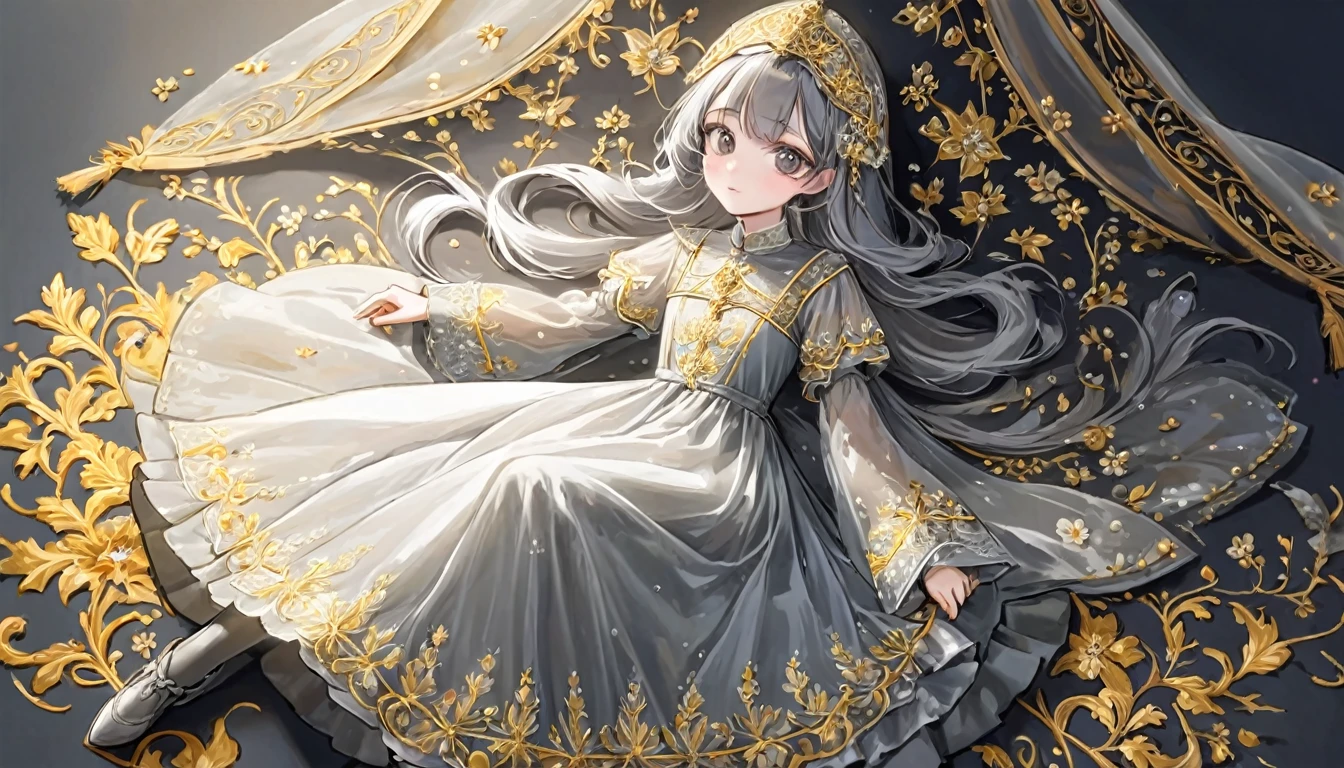 girl, Gold and silver embroidery, White-gray pearl medieval long dress(With panniers), Translucent fabric, Pull up the dress by hand, Strong winds, Translucent slip, Grey translucent tights, Peeking from below, Highest quality, Disorder of clothing, sit