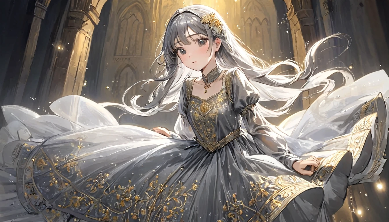 girl, Gold and silver embroidery, White-gray pearl medieval long dress（With panniers）, Translucent fabric, Pull up the dress by hand, Strong winds, Translucent slip, Grey translucent tights, Peeking from below, Highest quality, Disorder of clothing, sit