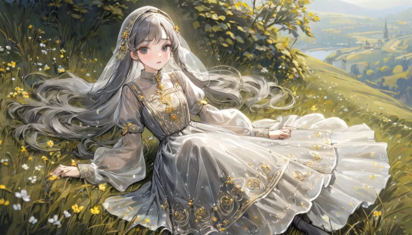 girl, Gold and silver embroidery, White-gray pearl medieval long dress（With panniers）, Translucent fabric, Pull up the dress by hand, Strong winds, Translucent slip, Grey translucent tights, Peeking from below, Highest quality, Disorder of clothing, sit