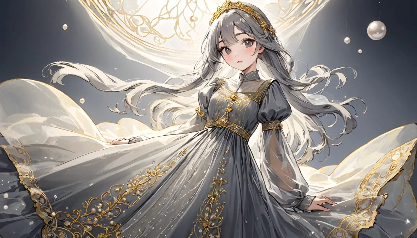 girl, Gold and silver embroidery, White-gray pearl medieval long dress(With panniers), Translucent fabric, Pull up the dress by hand, Strong winds, Translucent slip, Grey translucent tights, Peeking from below, Highest quality, Disorder of clothing, sit
