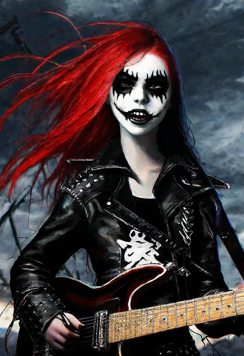 Black Metal girl, pale face, Black Metal make up, corpse paint face, red hair shoulder length, leather jacket, riding on a guitar in sky, electricity effects around her, movement blur