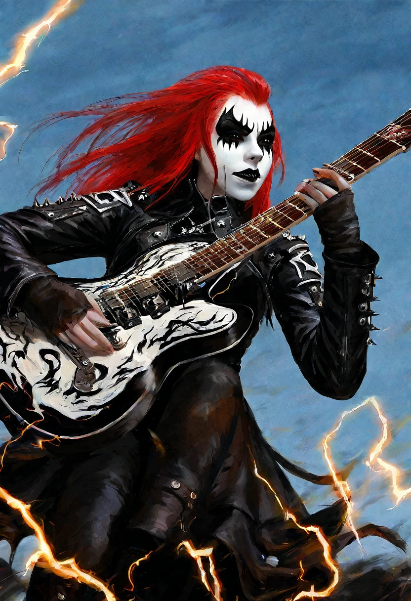 Black Metal girl, pale face, Black Metal make up, corpse paint face, red hair shoulder length, leather jacket, riding on a guitar in sky, electricity effects around her,  movement blur