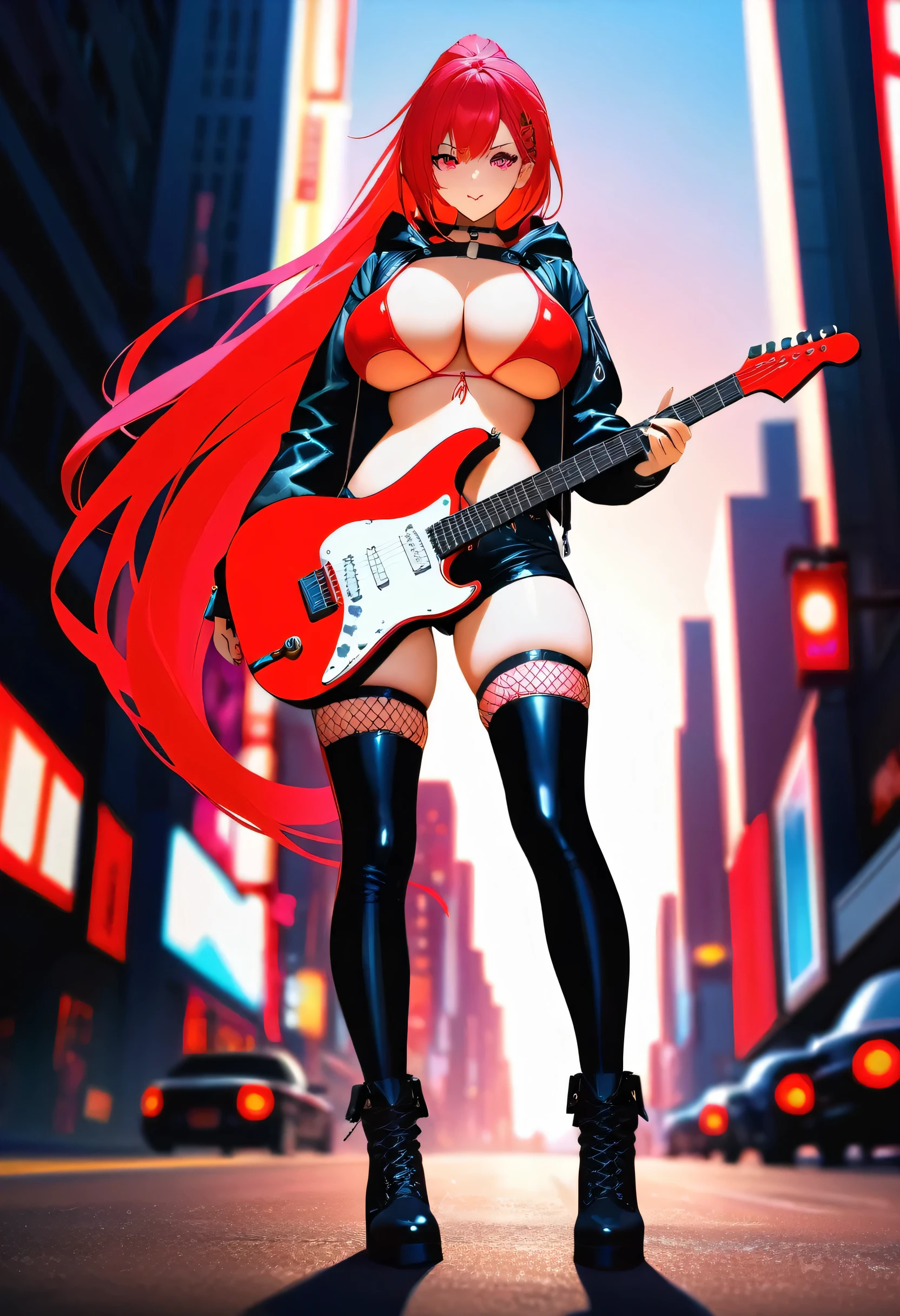 8k,UHD,Top-quality,Ultra high definition 8K illustration wallpaper,Super high resolution,Masterpiece,Intricately detailed,Blurry background,Depth of field,Tonemapping,Sharp focus,Trending on Artstation,Looking at viewer,Dynamic angle,Full body,Musician,Guitarist,Guitar,Cool girl,1girl,Solo,Gigantic ,Pink glowing red hair,Very long ponytail,Stinking eyes,Black eyes,Sharp eyes,Black leather hooded jacket,Denim shorts,Black thighhighs,Fishnet tights,Open clothes,Vivid red bikini,Mechanical Boots,Outdoors,City