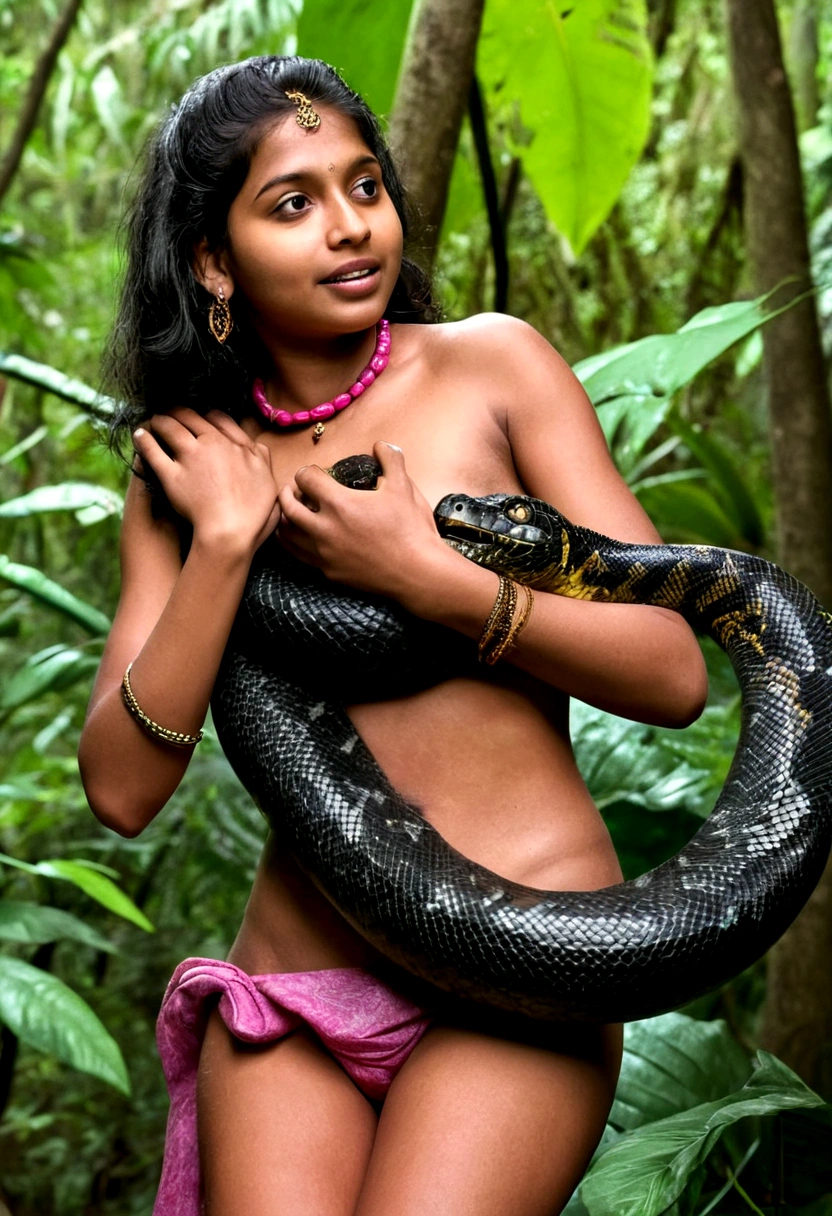 Topless pink thong wearing aroused horny beautiful happy young Indian girl vs Giant black anaconda monster wrapped around her body squeezing her in coiled embrace cuddling and kissing sexual erotic bestiality sex realistic in the rainforest full body, best quality wet