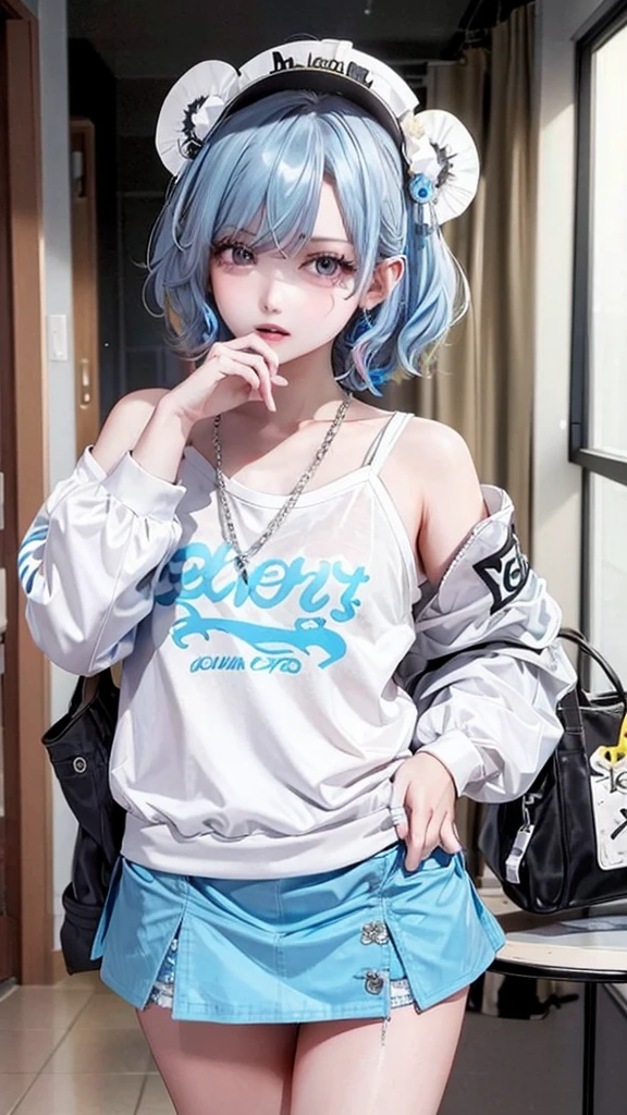 masterpiece, best quality, highly detailed,1girl,indoors, adult, split-color hair, yellow　and　Blue hair, Narrow, sharp eyes、, clothes, blue eyes、From head to toe、mini skirt、
